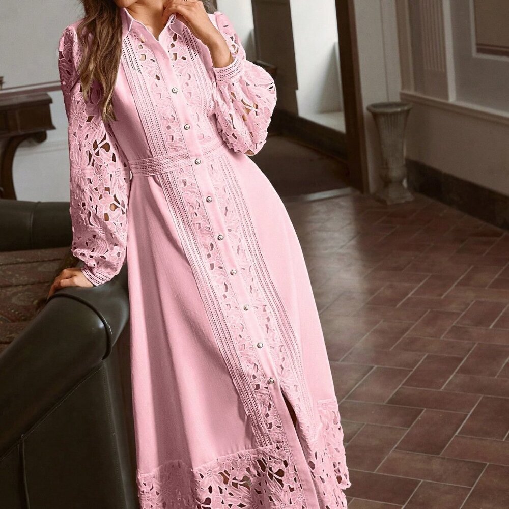 Pink Elegant Women's Hollow Lace Long Dress - Picture 5 of 7